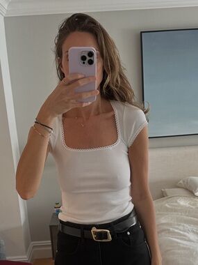 Rouje White Square Neck Ribbed Tee with Scallop Trim